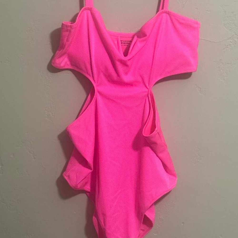 Aerie Neon Pink Textured One Piece Swimsuit XXL Long Cut Out Off Shoulder